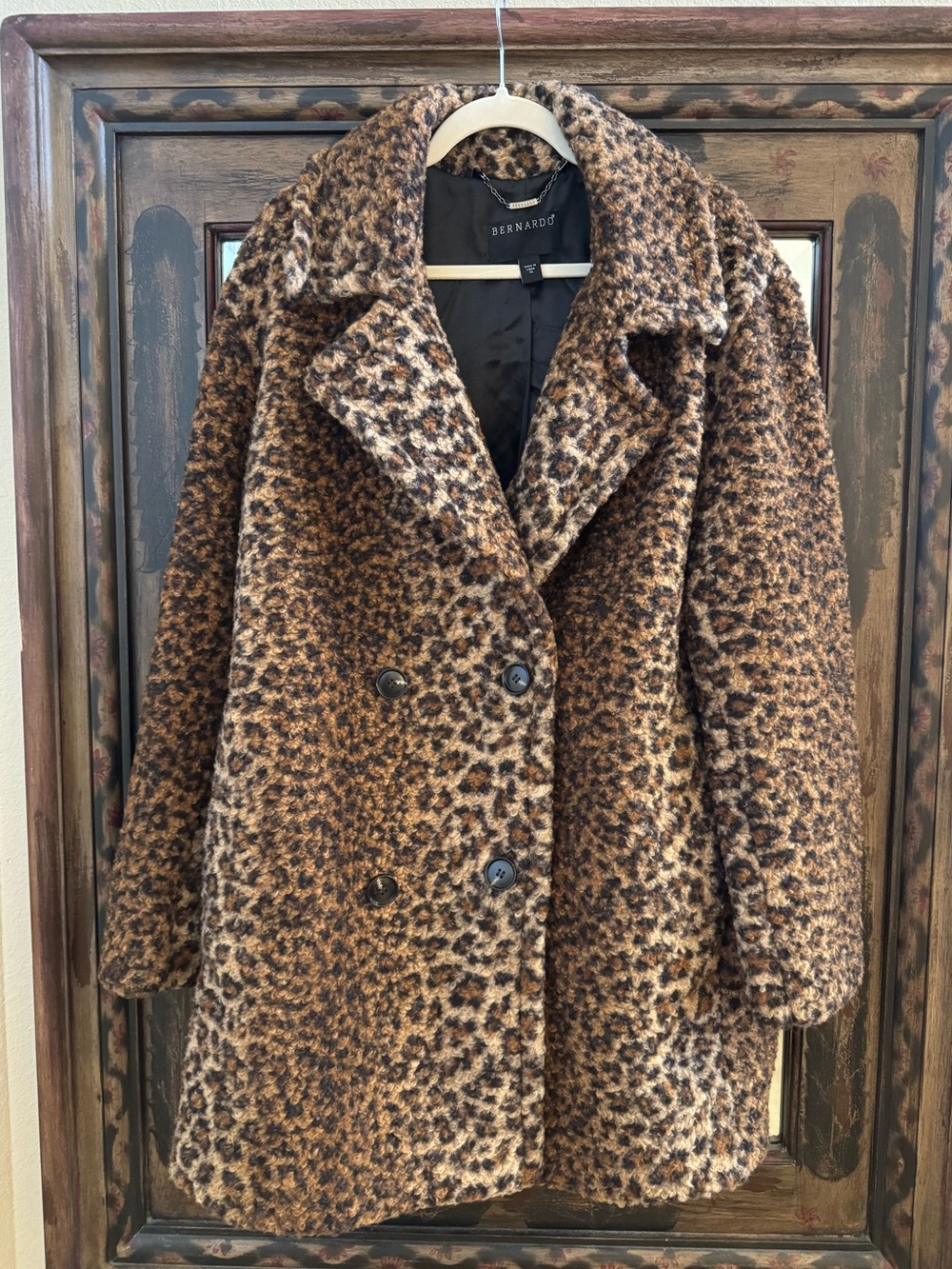 Bernardo Leopard-Print Double-Breasted Pea Coat, Brown, Teddy Material, Like New